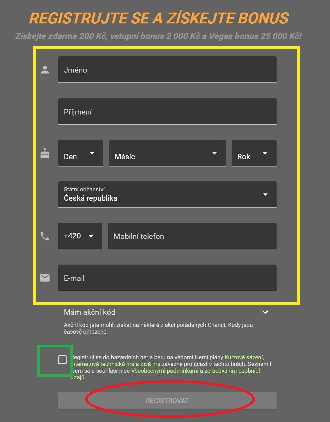 Registrační formulář Chance Vegas