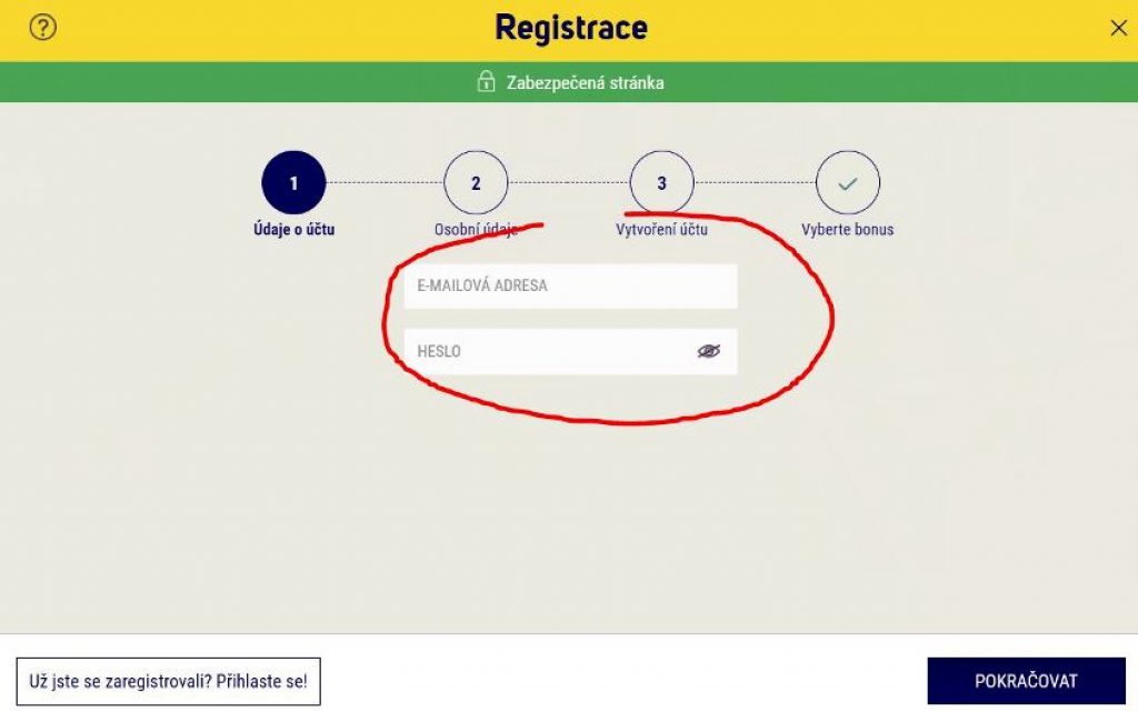 popis Sazka registrace