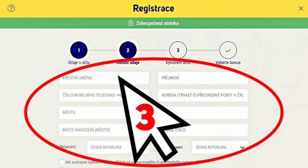 3. krok při registraci pro registrační bonus