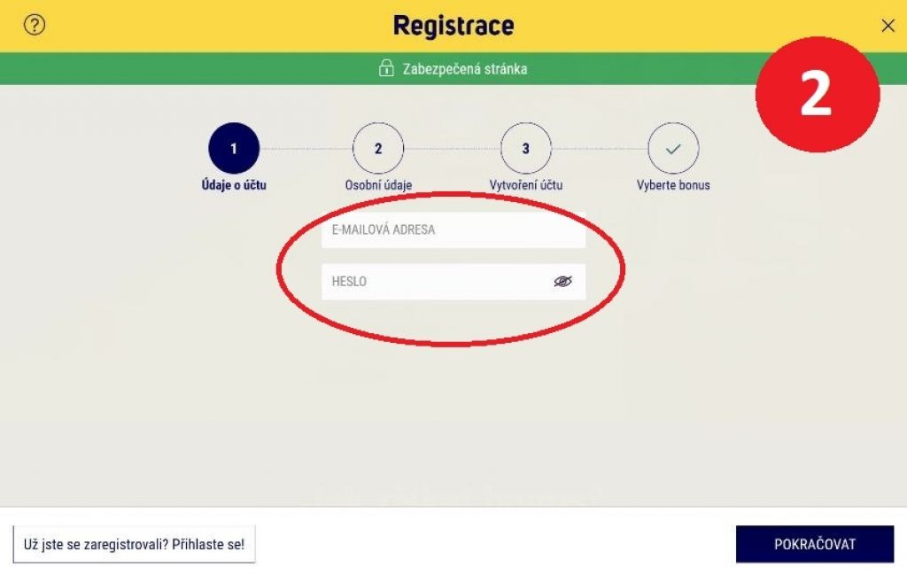Krok 2 návod jak vyplnit registrační formulář casino bonusu