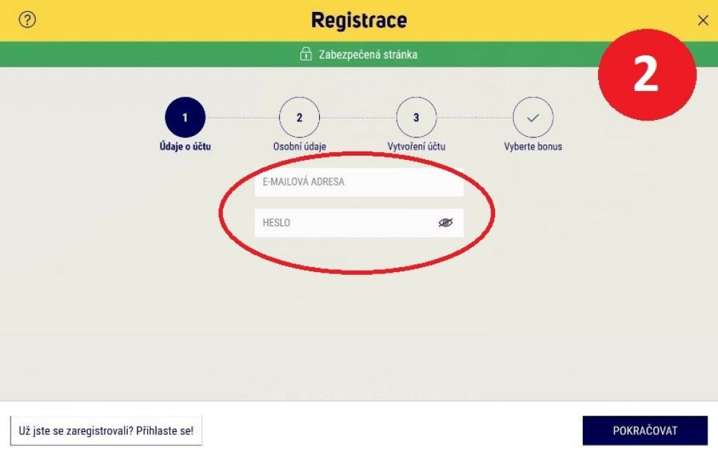 Krok 2 návod jak vyplnit registrační formulář casino bonusu 2024