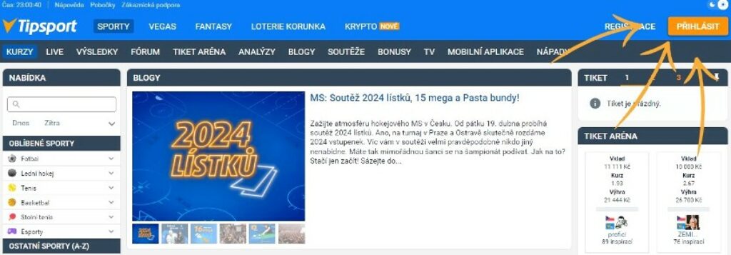Návod na přihlášení na Tipsport.cz se šipkami