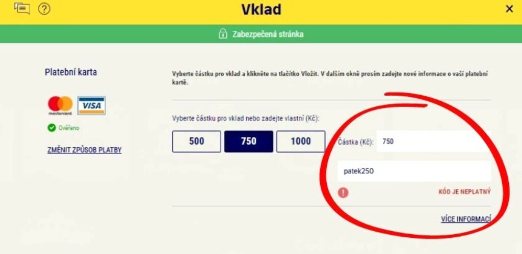 Zpráva o neplatnosti promo kódu u Sazky