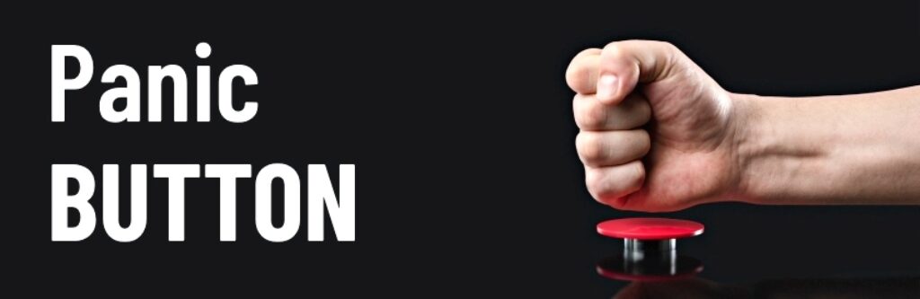 panic button - červené tlačítko a lidská pěst, která do něj buší - tlačí.