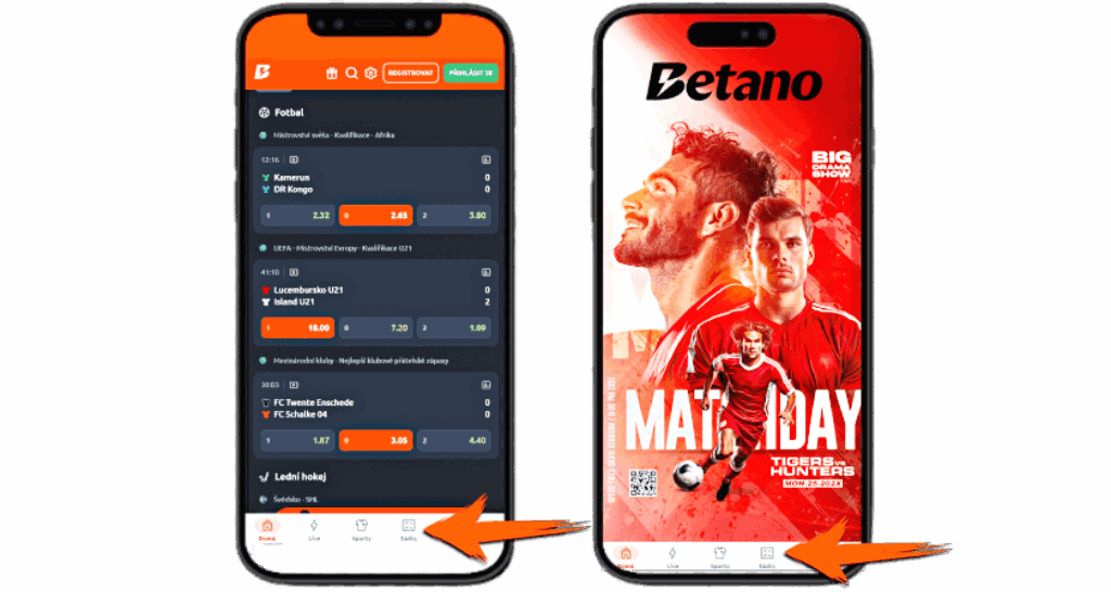 Betano tiket se dvěma šipkami ukazující na ověření výhry na mobilu Betano.cz